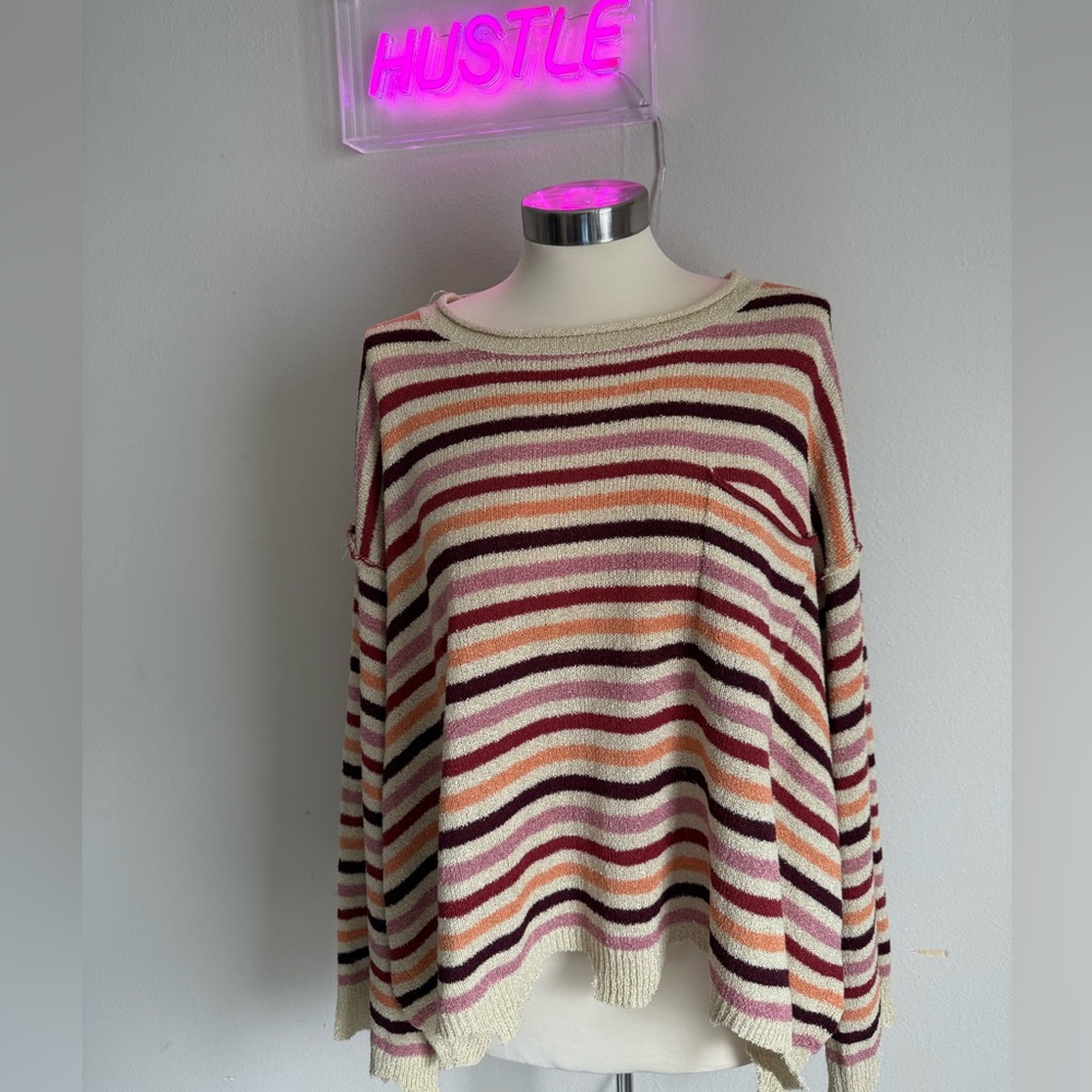 Peach Love California Striped Sweater in Burgundy and Cream